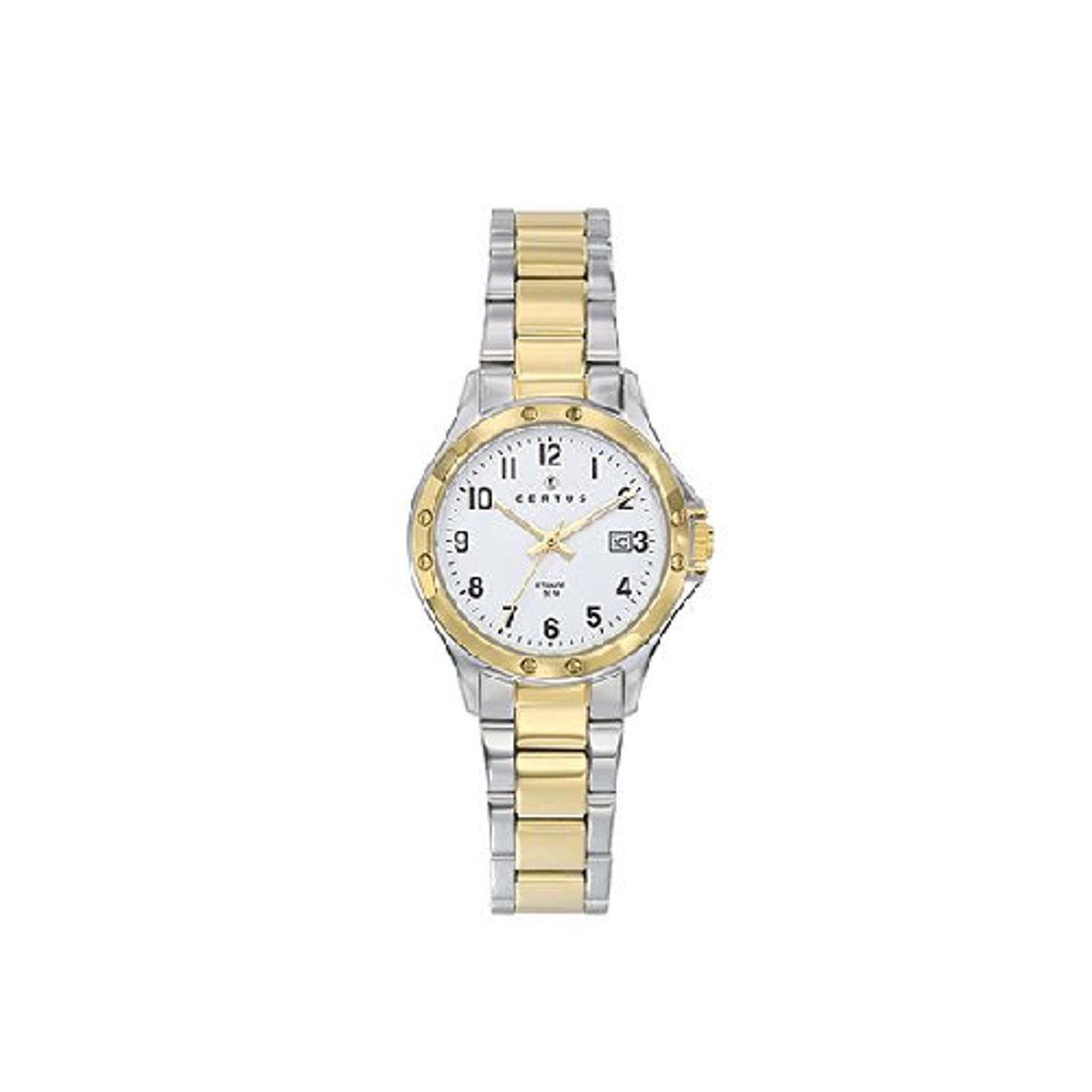 Certus dameshorloge-model 642414-bicolor-goud-zilverkleur-datum-duidelijke wijzerplaat-5 atm waterdicht-diameter 28 mm-made in France