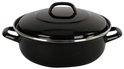 Zwarte emaille braadpan met deksel en zilverkleurige rand.