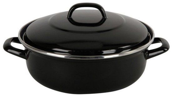 Zwarte emaille braadpan met deksel en zilverkleurige rand.