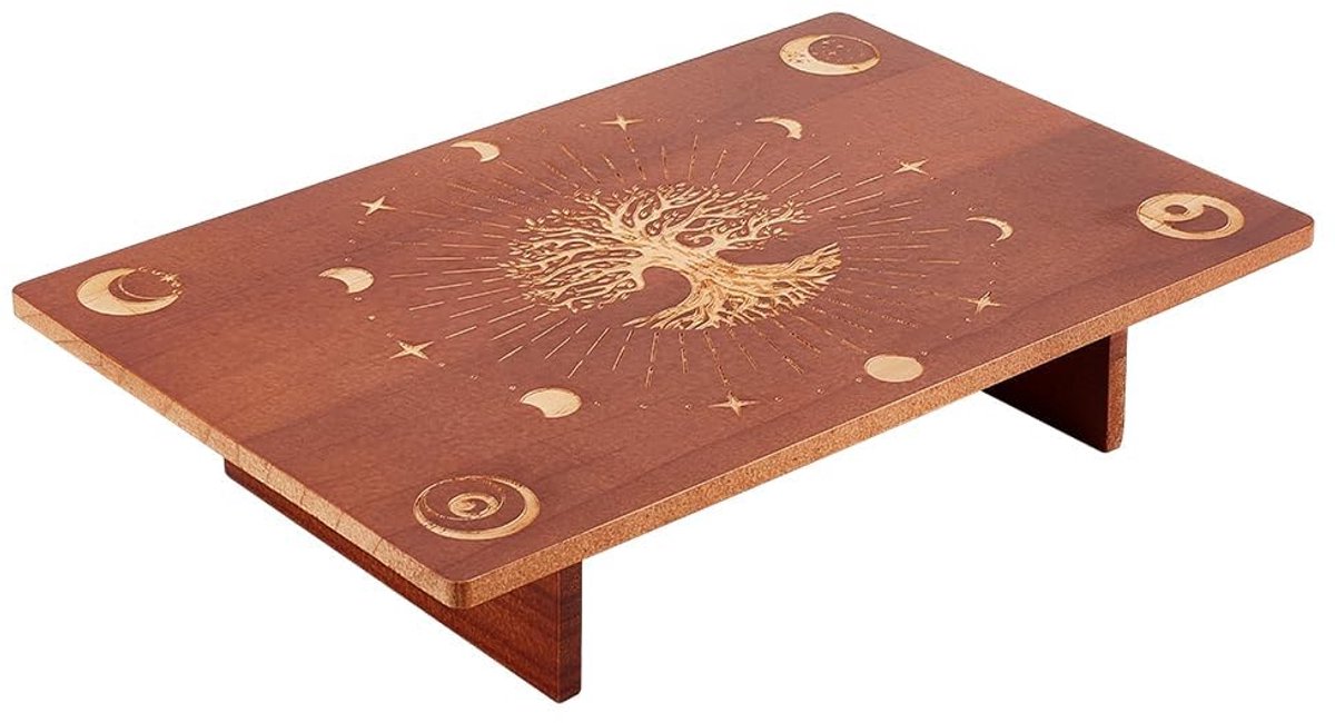 PandaHall Altar Tafel - Houten Medicatie Tafel - Gegraveerde Maanfases en Levensboom Patroon
