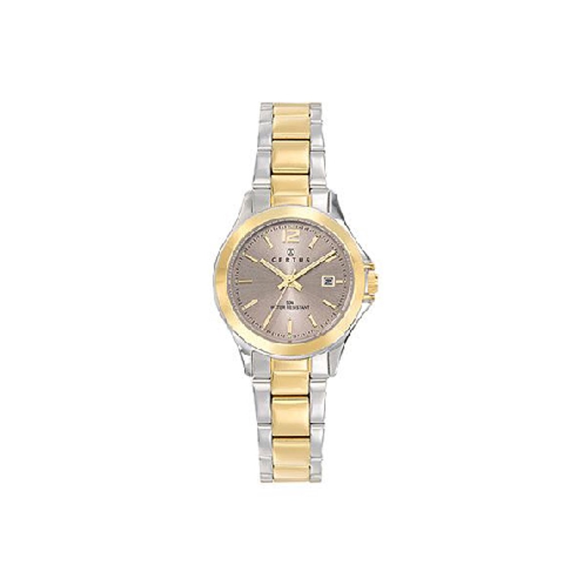 Certus-Dameshorloge-model 642417-5 atm waterdicht -goud-zilverkleurig- bicolor-Datum-diameter 28 mm-made in France