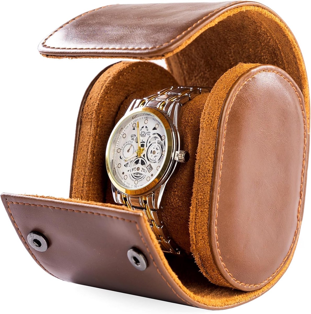 Horloge Rol 1 Stuk - Horlogedoos - Horloge Etui Leer - Watch Roll - Horloge Houder Sieradendoos - Horloge Opbergdoos Heren - Bruin -9.5x10.5x8cm