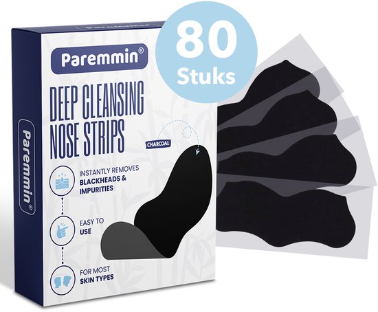 Doos met 80 Paremmin Deep Cleansing Nose Strips, met afbeeldingen van zwarte neusstrips.