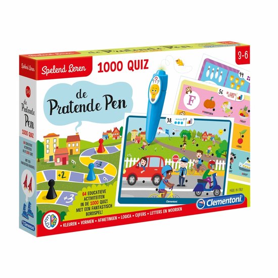 Clementoni 1000 quiz speelgoeddoos met een spelbord, interactieve pen en educatieve kaarten.