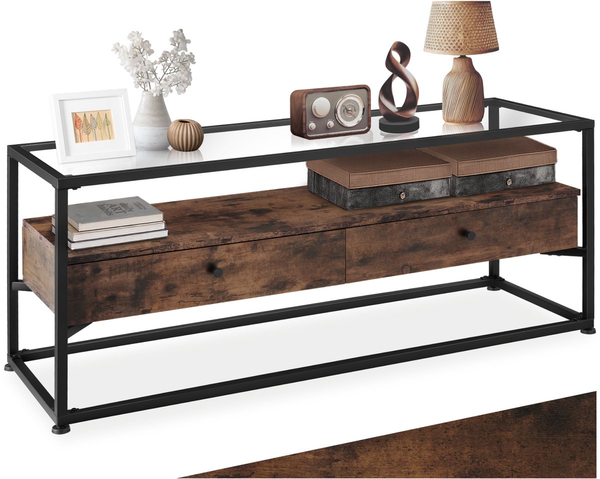 tectake® TV-meubel met 2 lades en glazen blad - Lowboard met 2 niveaus voor TV's - Houten 