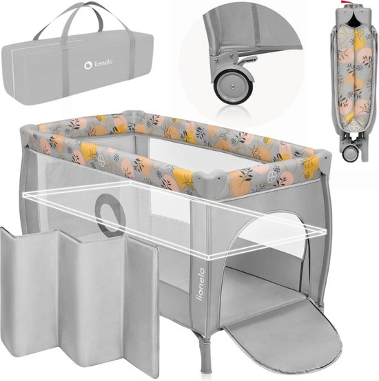Campingbedje 4 in 1 – Baby Bed / Inklapbare Box / Reisbedje MET Bodemverhoger (Rugvriendelijk Ontwerp) – MET comfort MATRAS – 60x120 cm – 0-36 maanden / tot 15 kg – Zij-ingang – Wielen – Transporttas – Babybed Babybox Ledikant – LIONELO STEFI PLUS