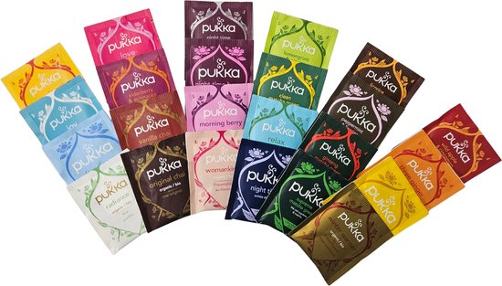 Twaalf verschillende Pukka theezakjes, waaronder Love, Lemongrass, Night time, Relax, Wild Apple & Cinnamon, en Three Ginger.