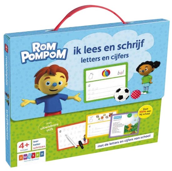 Rom Pompom ik lees en schrijf letters en cijfers spel met een jongen, een meisje, een voetbal en ballen.