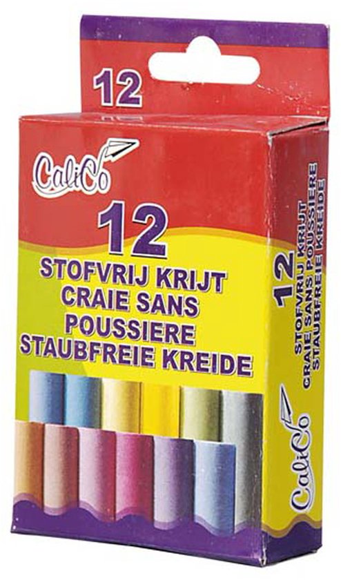 Doos met 12 stuks Calico stofvrij krijt in diverse kleuren.