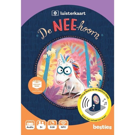 Boek "De NEEhoorn" met een illustratie van een eenhoorn met bril in een fantasiewereld. Met "Besties app" logo.