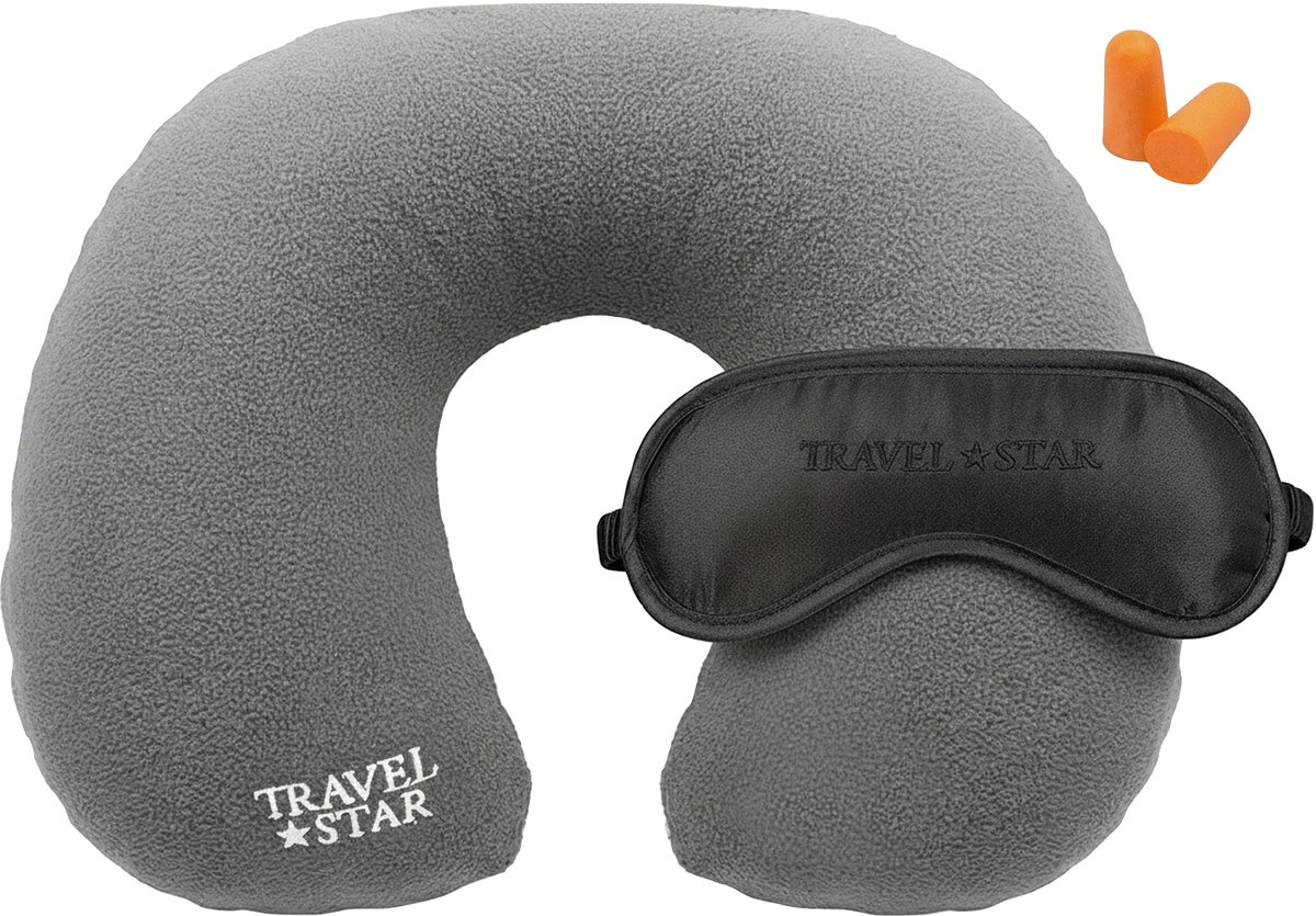 Travelstar® Opblaasbaar Nekkussen Reisset – Inclusief Slaapmasker & Oordopjes – Fleece Hoes – Wasbaar – Grijs