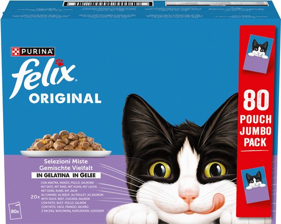 Felix Original jumbo pack met 80 zakjes. Een doos met een zwart-witte kat, en een bakje met natvoer.
