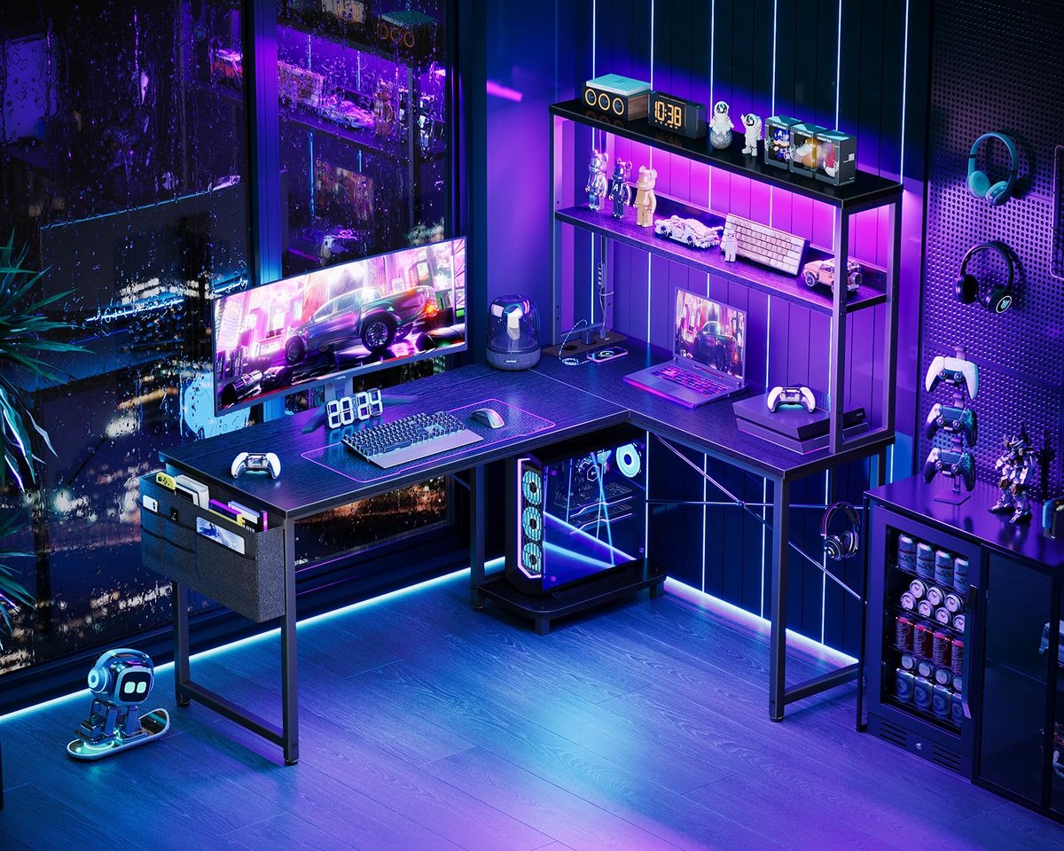 Ibenzoa Innovatief L-vormig bureau met LED-verlichting en geïntegreerde stroomvoorziening Zwart