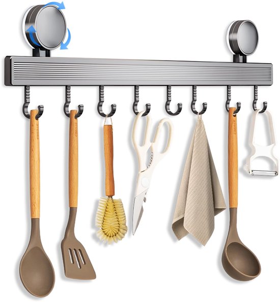Barre de suspension pour cuisine 40 cm avec ventouses – 8 Crochet réglables, sans Embouts, résistante à l'huile et à la rouille