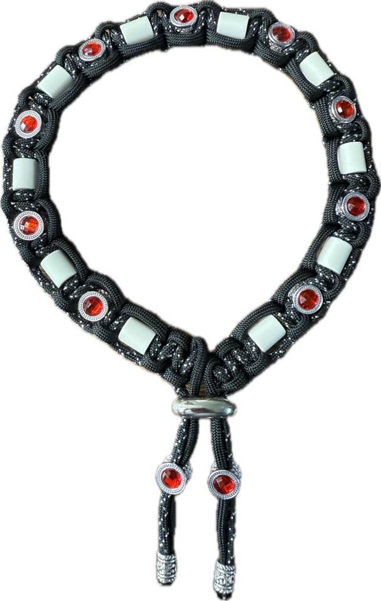 Anti-tekenband hond - Tiffany - lengte 40 cm - nekomvang vanaf 38 tot en met 44 cm - originele EM-X kralen lichtgrijs - effectief tegen teken en vlooien - maat L - zwart/wit/rood - met metalen schuifkralen rood