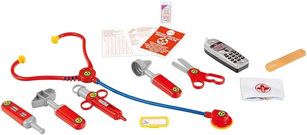 Klein Toys dokterskoffer met mobiele telefoon - stethoscoop, thermometer, reflexhamer, injectiespuit, pincet, oorspiegel, schaar, verpleegsterskapje, naamplaatje, pleisters - multicolor — afbeelding 3