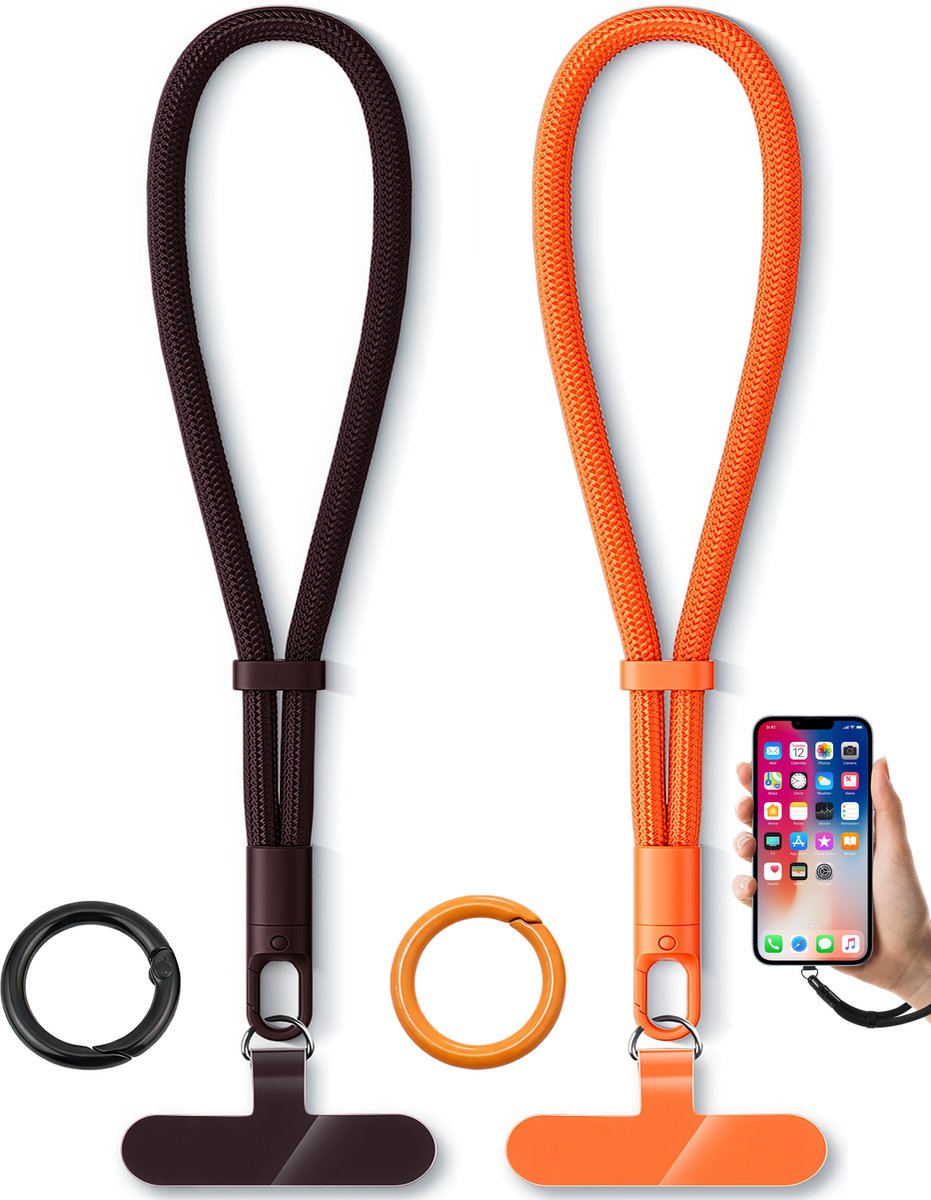 2x Polsband Telefoonkoord met 2 Ringen & Bevestigingsplaatjes, - Kort Universeel GSM Lanyard Keycord Strap - Polsbandje Sleutelkoord Telefoonketting - Musketonhaak Telefoon Koord Sleutelhanger - Keykoord Pashouder - Phone Ketting Cord - Zwart/Oranje