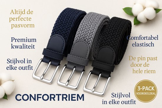 Drie gevlochten elastische riemen: donkerblauw, grijs en zwart, met zilveren gespen. Text in Dutch.