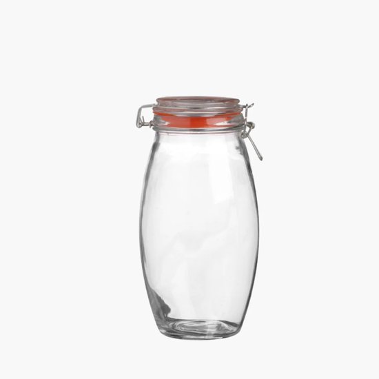 Glazen voorraadpot met oranje deksel en beugelsluiting.