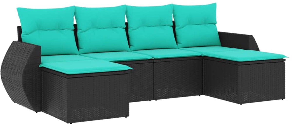 vidaXL - 6-delige - tuinbankset - met - kussens - van - zwart - polyrotan