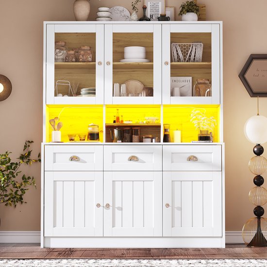 Zravenna Buffetkast, 140 x 40 x 175 cm, keukenkast, vitrinekast, hoge