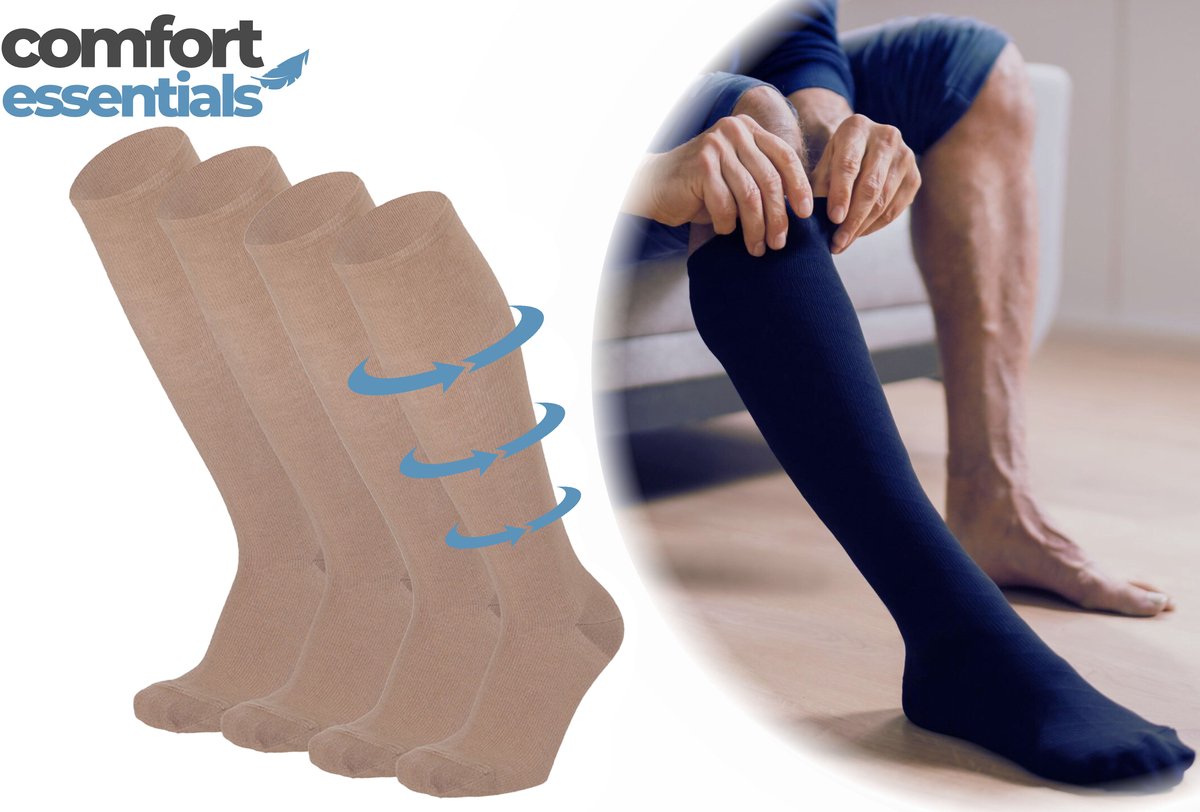Comfort Essentials - Compressie Sokken - Steunkousen Mannen - 2 Paar - Beige -35/38 – Unisex - Reissokken - Compressie Kousen - Steunkousen Vrouwen - Compressiesokken
