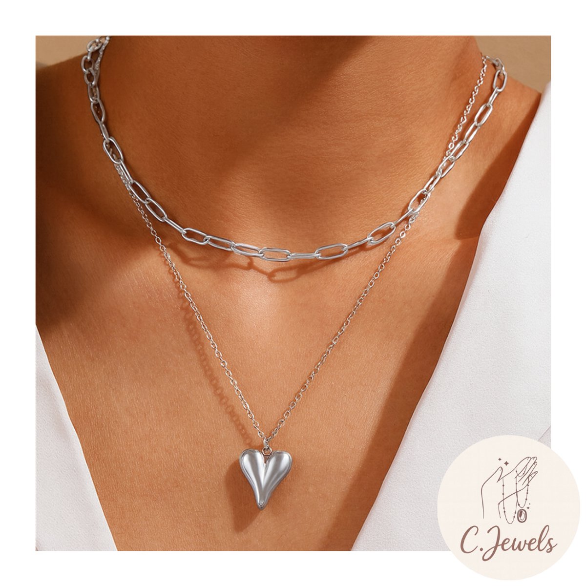 Zilverkleurige - Dubbele Ketting - Hartje bedel - Schakel - Stijlvol & Casual - Dames - Verstelbaar - Roestvrij staal