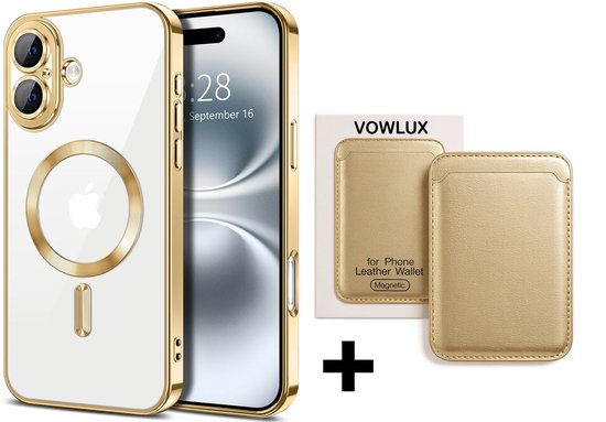 Coque transparente pour iPhone avec bordure dorée et anneau MagSafe, avec un portefeuille doré MagSafe.