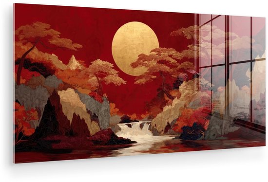 MuchoWow® Glasschilderij 160x80 cm - Schilderij acrylglas - Volle maan - Landschap - Waterval - Foto op glas - Muurdecoratie woonkamer - Wanddecoratie slaapkamer - Schilderijen