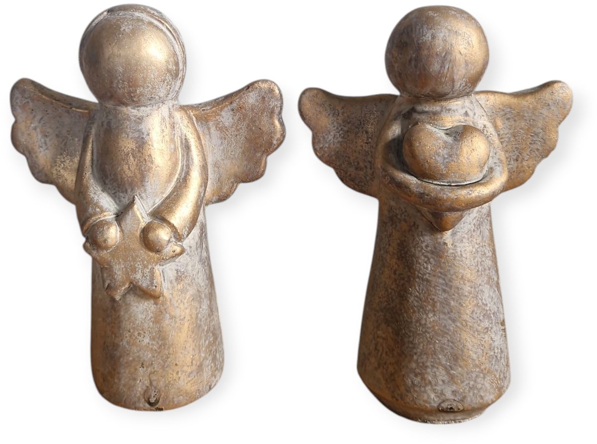 Daan Kromhout – Engel – Hart en Ster – Set van 2 – Beton – Beelden – Robuust Goudkleur – 15x7x20cm