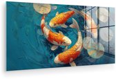 MuchoWow® Glasschilderij 80x40 cm - Schilderij acrylglas - Vissen - Waterlelies - Oranje - Water - Foto op glas - Muurdecoratie woonkamer - Wanddecoratie slaapkamer - Schilderijen