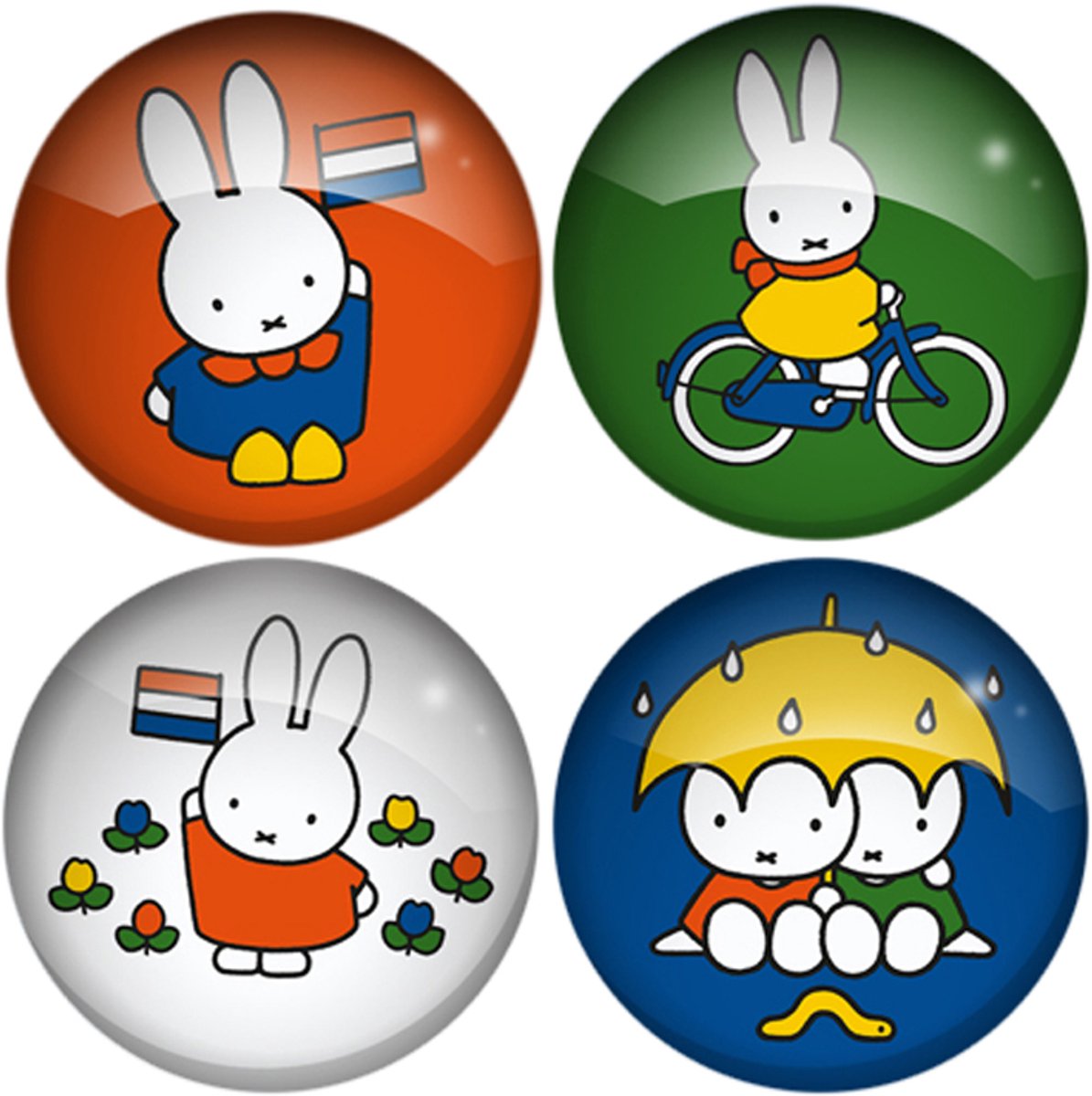 Koelkastmagneet - Glasmagneet Rond - Nijntje NL Complete Set - Fiets/Vlag/Tulpen/Regen - 3cm