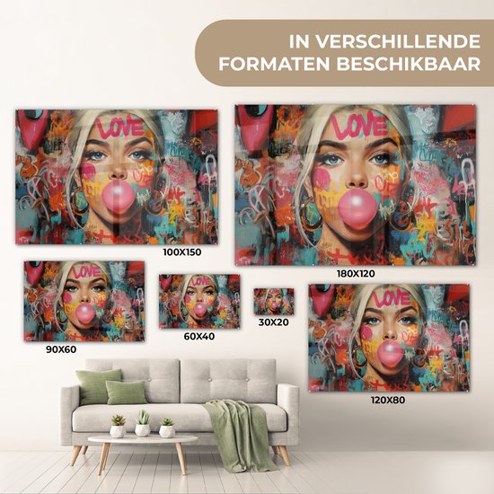 MuchoWow® Tableau sur verre 120x80 cm - Tableau sur verre acrylique - Femme - Chewing-gum - Graffiti - Amour - Photo sur verre - Décoration murale salon - Décoration murale chambre - Peintures