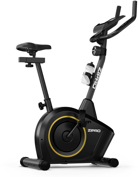 Zwarte hometrainer met gouden accenten, een zadel en een stuur met display.