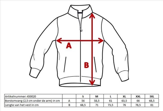 Maattekening van een sweater met afmetingen A en B in cm, maten S t/m 3XL.