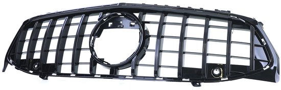 Glanzend zwarte grille met verticale spijlen, centrale cirkel, zonder camera-uitsparing.