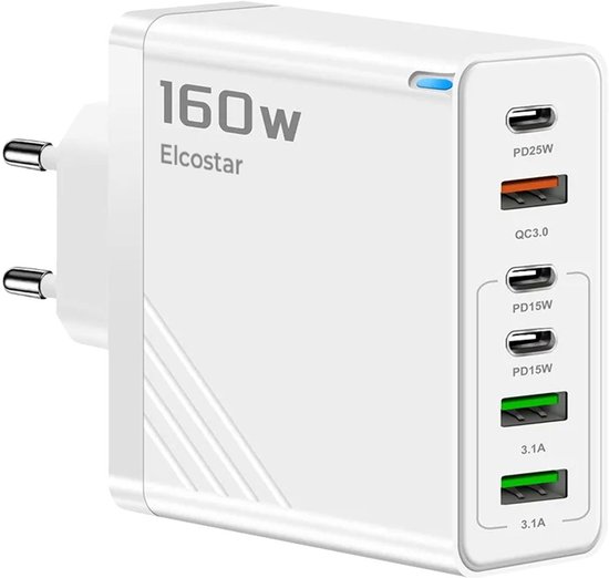 Elcostar USB Adapter & Type-C Adapter 160W - 6 Multipoort - USB Stekker - Reisstekker - Snelladen functie - USB-C Stekker - Snellader - Elke USB kabel geschikt - Usb lader - Wit