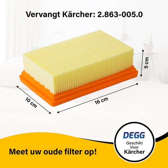 Oranje en geel plat filter met afmetingen 16x10x5 cm.