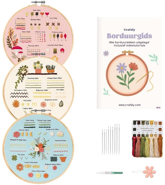 Crafsly Forfait broderie débutant - Cuir 30 points différents - forfait broderie adultes - Ensemble de broderie de 3 - Hobby et créatif - DIY - Cerceaux à broder en Bamboe