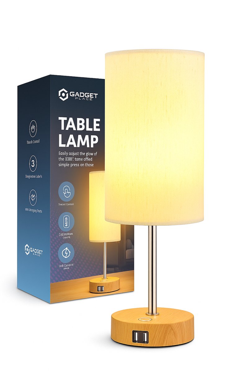Nachtlamp met Oplaadpoorten - Dimbaar - Voor Slaapkamer / Woonkamer - Met Kap - Sfeerverlichting - Bedlamp - Tafellamp