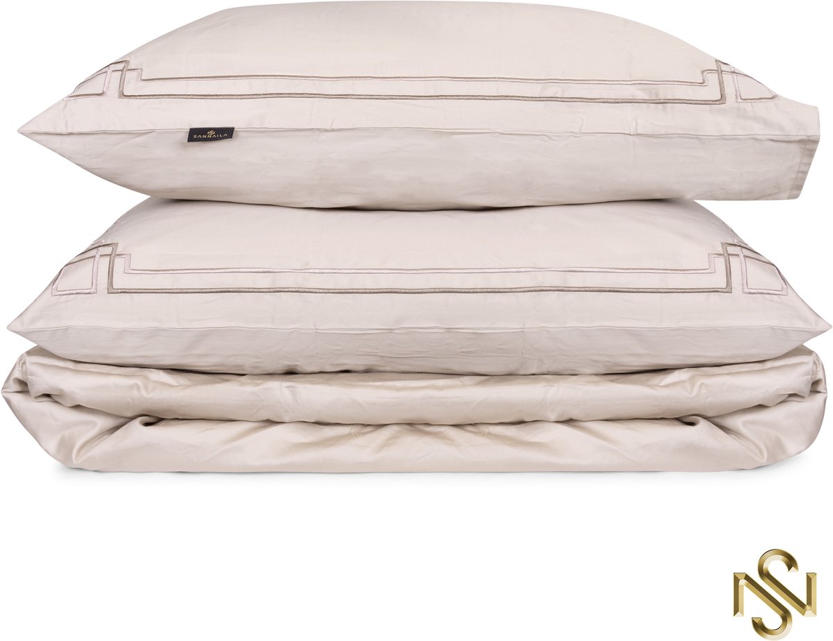 San Naila-Étoile-Luxe dekbedovertrek-Hoogwaardig katoen satijn- Licht taupe- Geborduurde bies-300tc240x220 cm