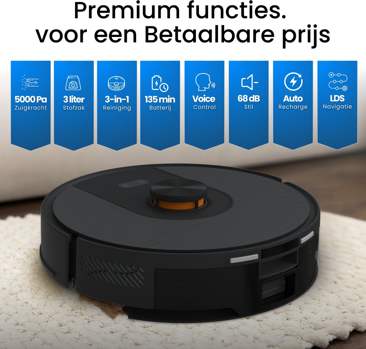Afbeelding 2 van Chesto T2 Pro 3-in-1 Robotstofzuiger met Dweilfunctie – 5000 Pa - Geschikt voor Dierenharen - LDS navigatie - App-besturing