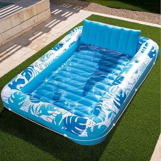 Solarium - Chaise longue gonflable XL pour Adultes - Transat Extra large - Matelas de piscine - Lit Opblaasbaar - Matelas de piscine - Flotteur - Deux porte- Porte-gobelets de 3 pouces - Un appui-tête amovible - 215 x 144 cm - Blauw