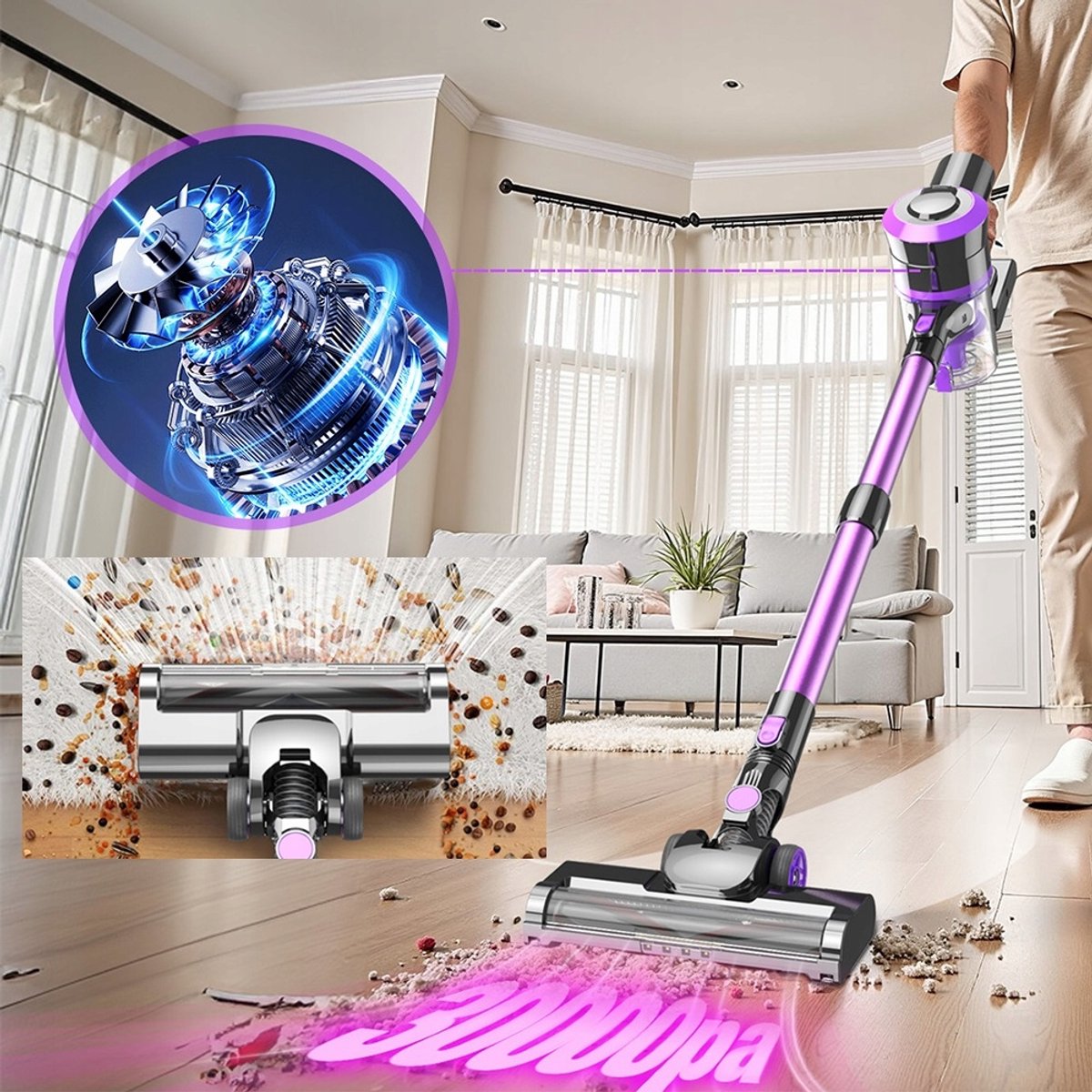 Handstofzuiger met steel - Draadloze Steelstofzuiger - 400W Draadloze Stofzuiger - Stofzuiger - 30kPa Zuigkracht & 55 Min Runtijd - Met LED Scherm & Anti-tangler Borstel - Voor Dierenharen & Hele Huis - Krachtig & Stil – foto 8