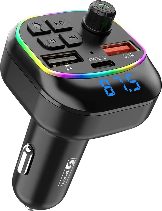 Smath® Bluetooth Transmitter - Bluetooth Receiver Auto - FM Transmitter - 25W Supersnel Opladen - Carkit - Autolader USB-C Snellader - SD Kaart
