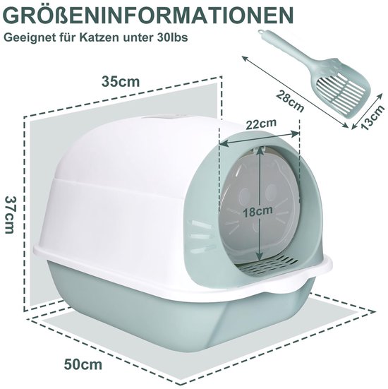 Willonin Gesloten kattenbak, toilethuis, afneembaar dienblad, schep, 36 x 51 x 34 cm, PP-kunststof, verkrijgbaar voor kleine en grote katten (grijs
