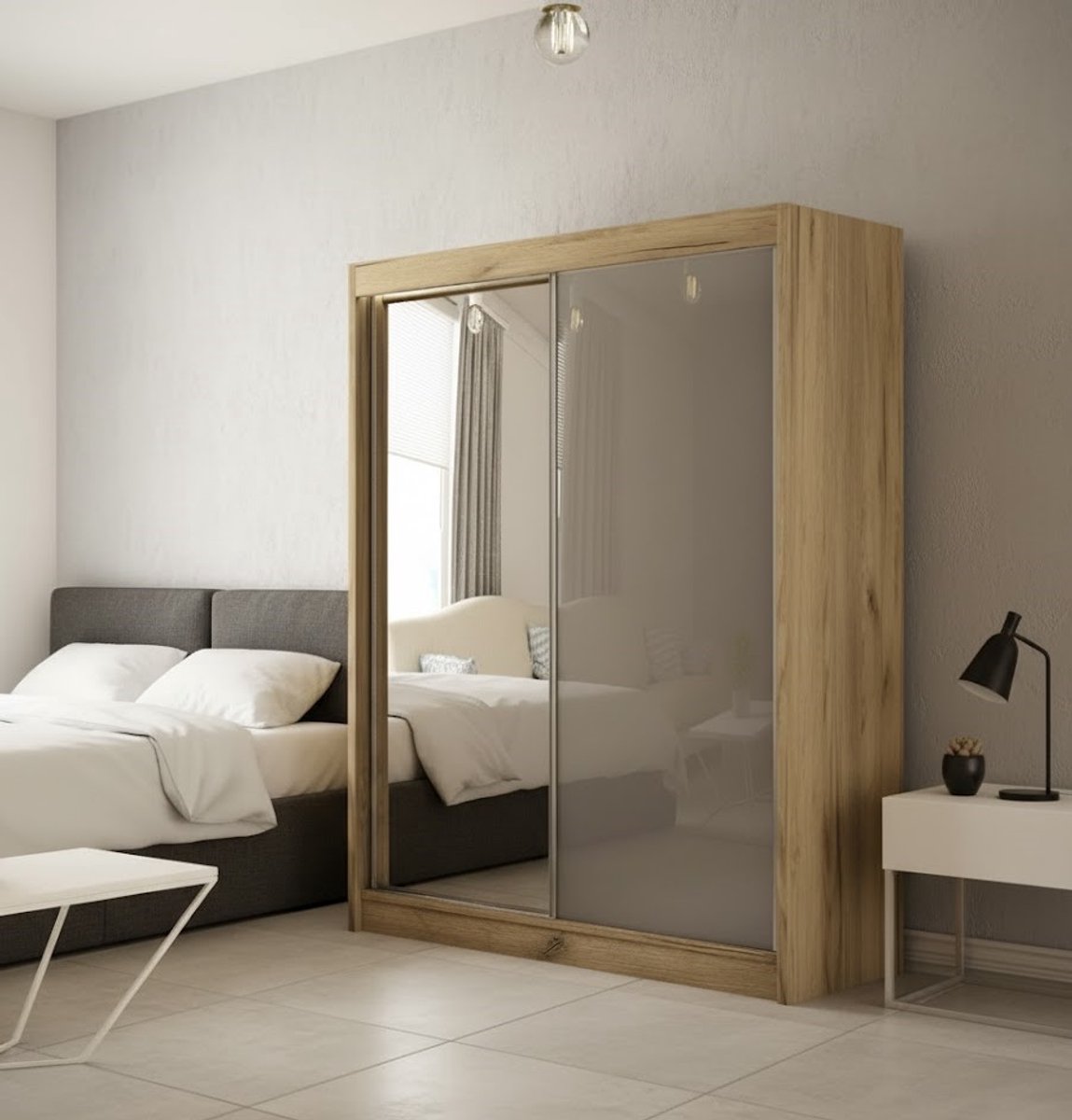 Moderne 2-Deurs Schuifdeur Kledingkast met Spiegel en Kledingroede – 200 cm Breed – Oak Craft Gold & Lacobel Grey – Ruime Garderobe voor Kleding en Accessoires