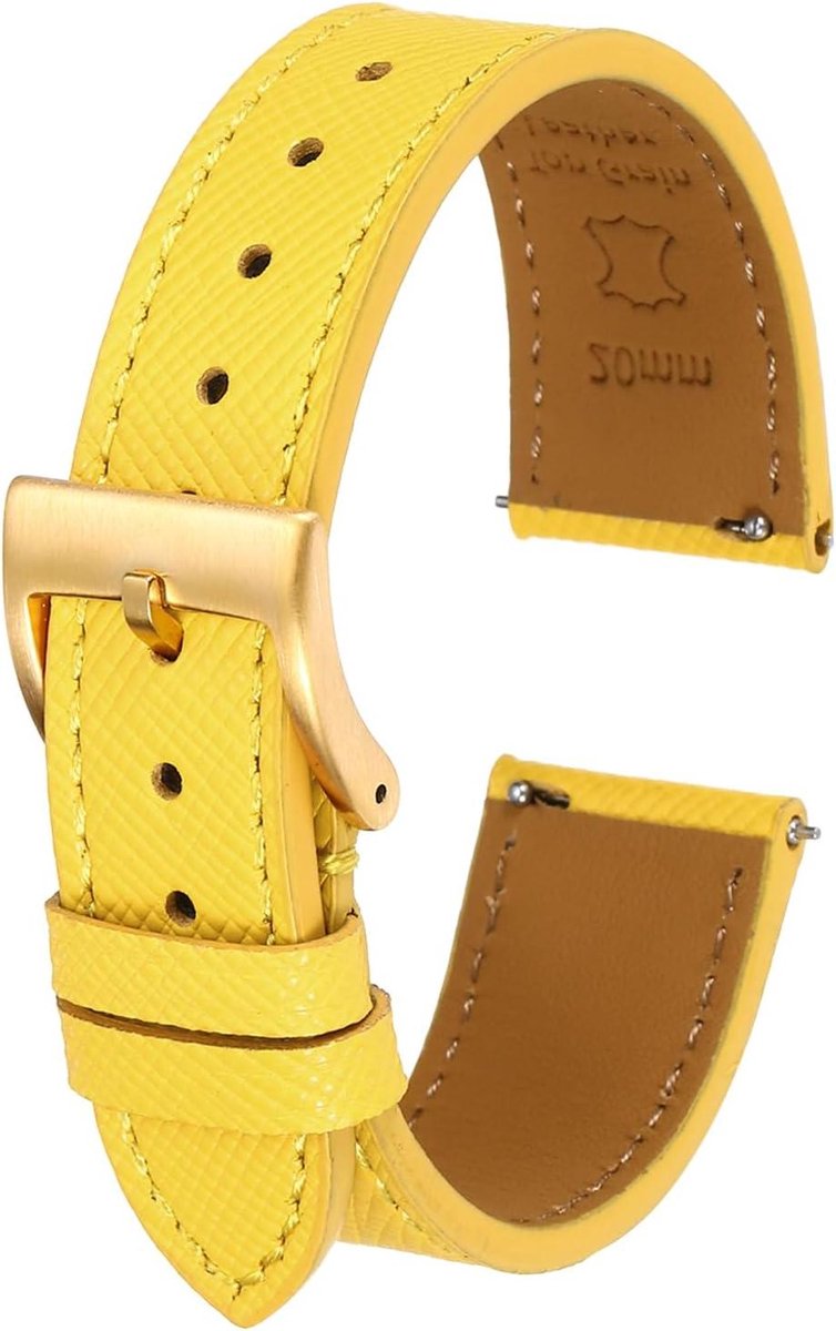 Leren horlogebandje 20 mm, snelwissel, reservearmband roestvrijstalen gouden gesp, geel