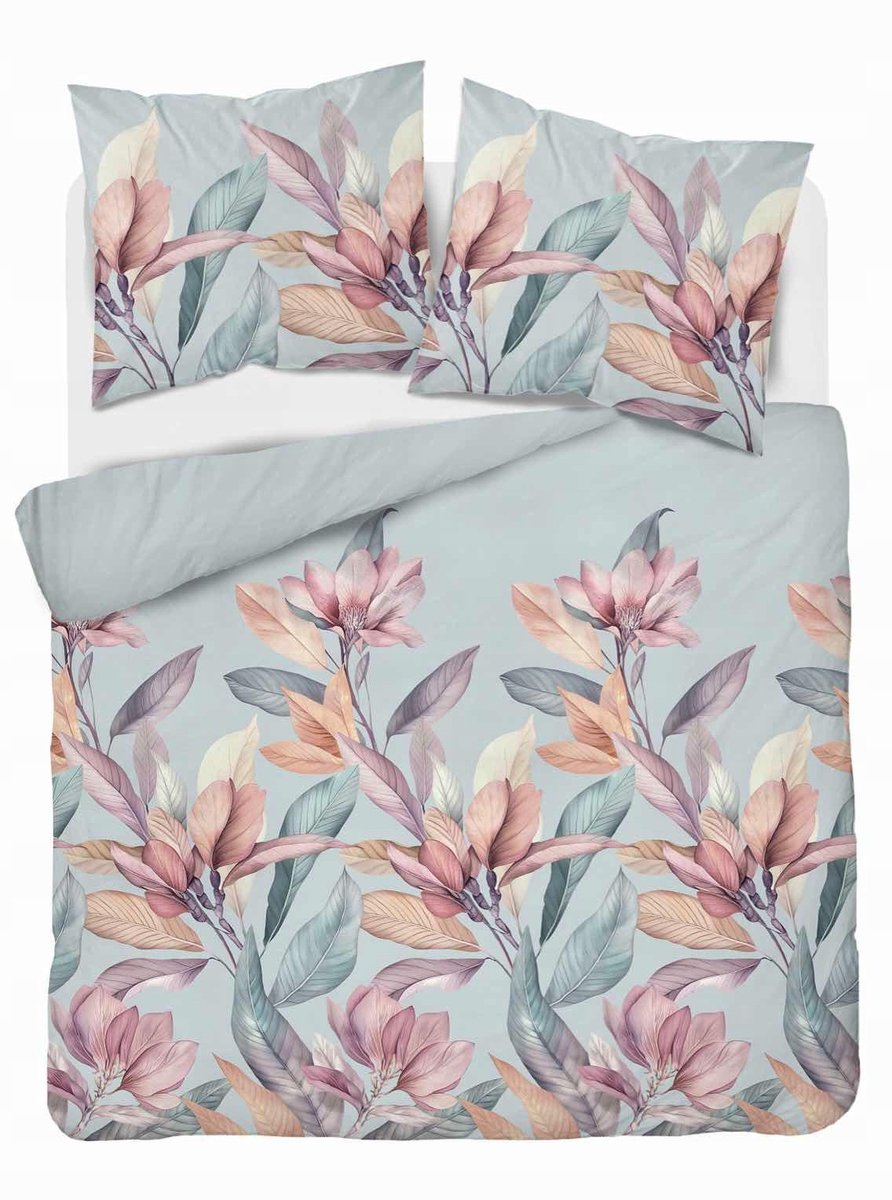 Satine dekbedovertrek 220x200 cm blauw met bloemen en bladeren
