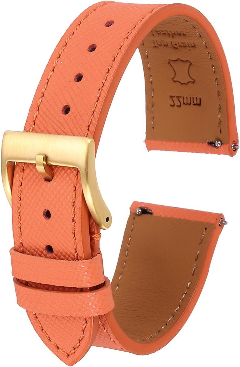 Leren horlogebandje 22mm met snelwissel - Reservearmband roestvrijstalen gesp - Oranje - Unisex - 22mm breedte.